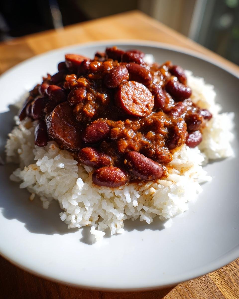 A close-up serving of rich Red Beans And Rice topped with sliced smoked sausage on a white plate.