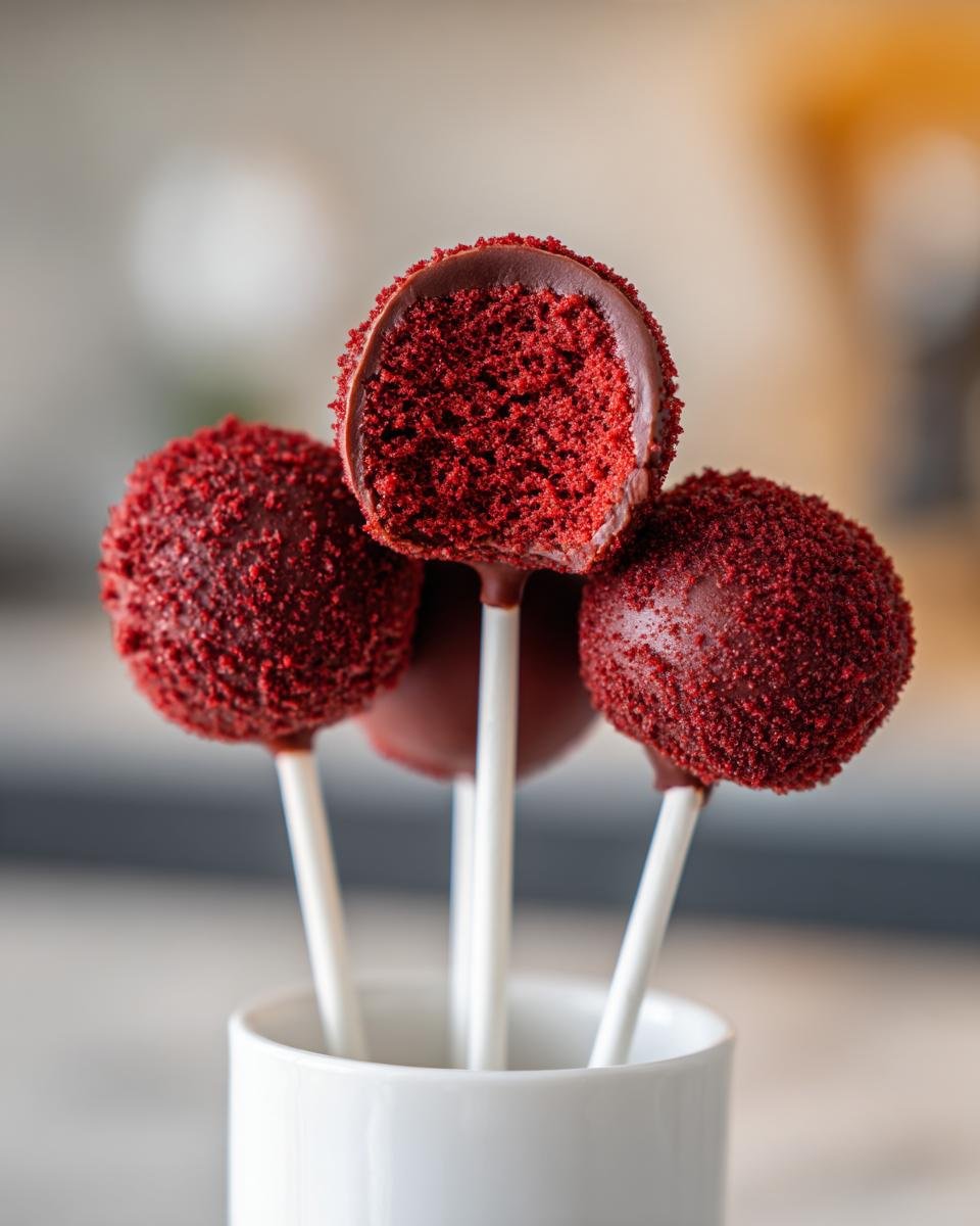 Close-up of four Red Velvet Cake Pops standing in a white mug, one showing a bite taken out revealing the dense red cake interior.