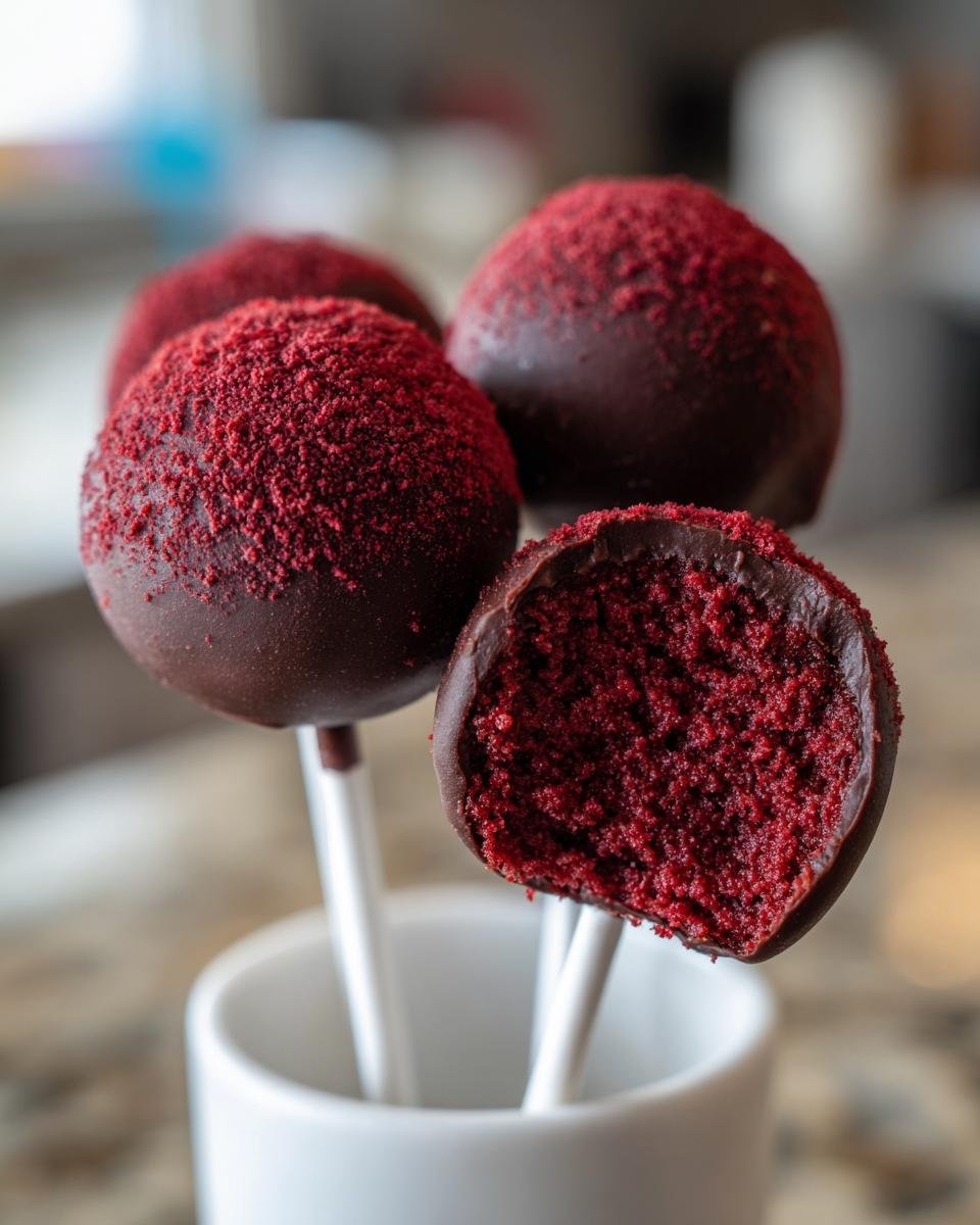 Close-up of rich, dark chocolate-dipped Red Velvet Cake Pops, one bitten to show the moist interior and topped with red crumble.