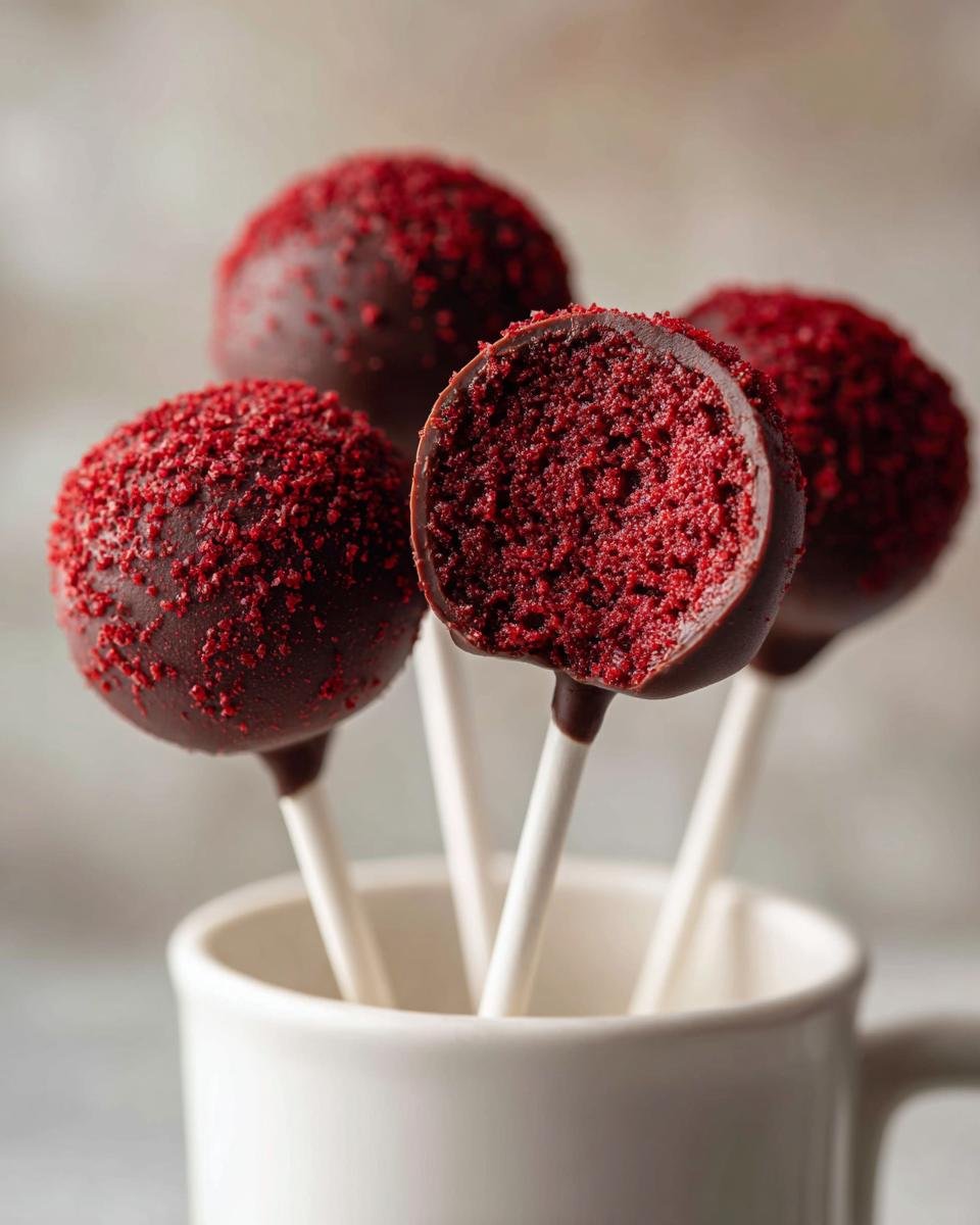 Four decadent Red Velvet Cake Pops dipped in chocolate and covered in red sprinkles, one is cut open showing the moist interior.