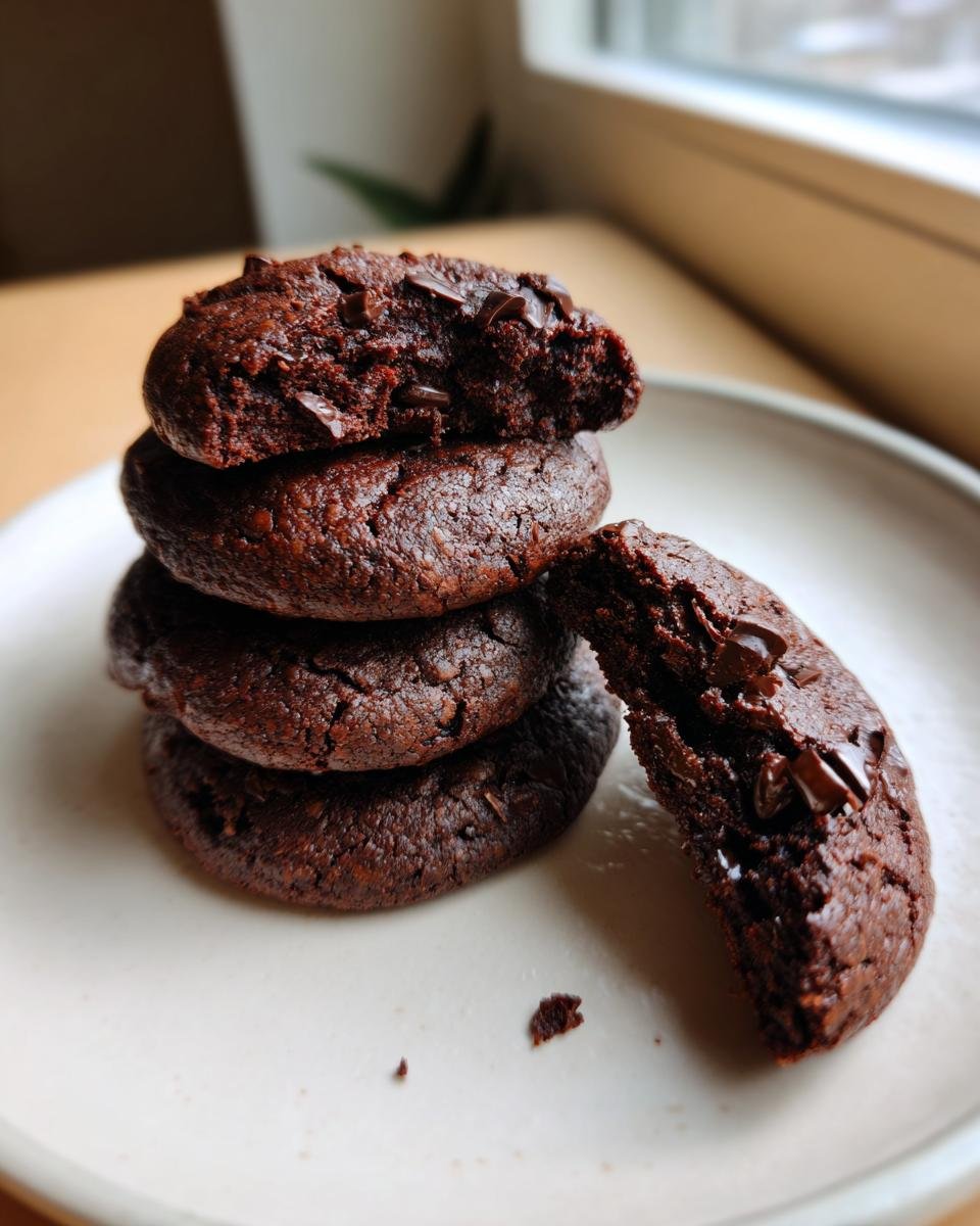 A stack of four dark chocolate Fudge Rounds, with the top one broken open to show the soft interior and chocolate chips.