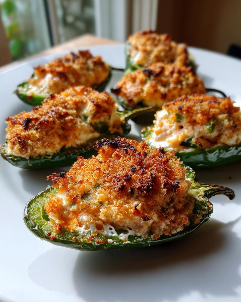 Close-up of perfectly baked Seafood Jalapeno Poppers with a crispy golden topping served on a white plate.