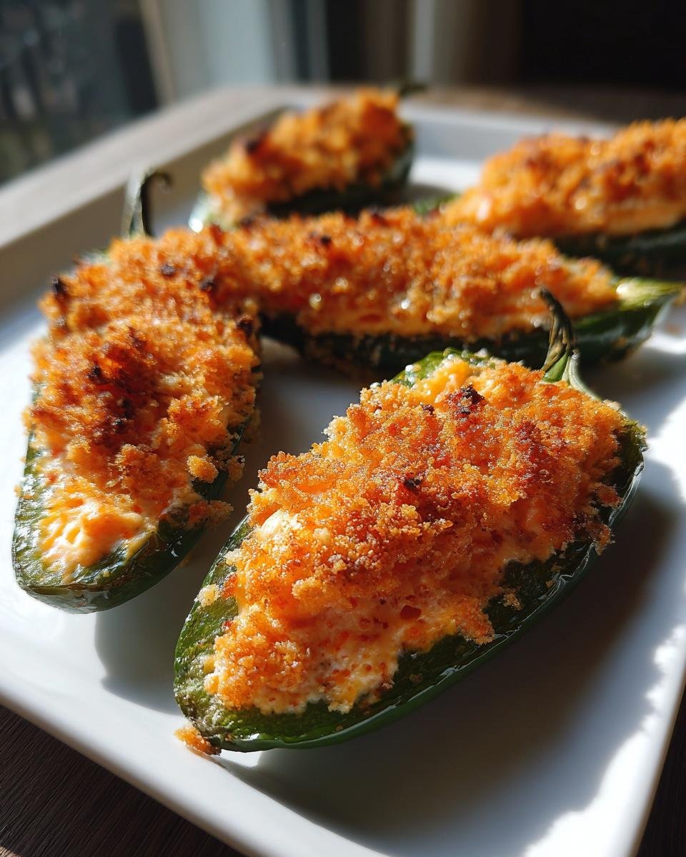 Close-up of baked Seafood Jalapeno Poppers with a crispy golden topping served on a white platter.