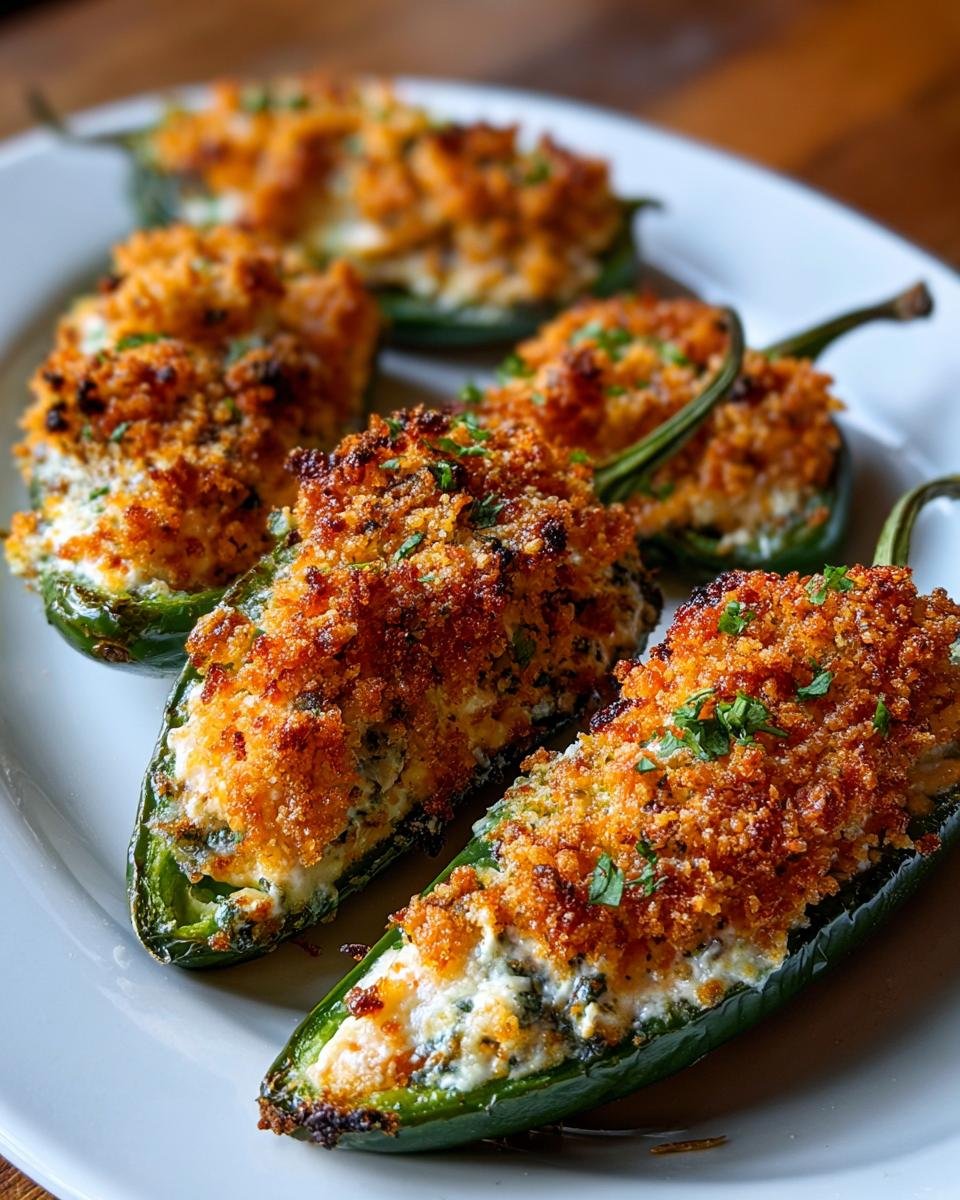 Close-up of baked Seafood Jalapeno Poppers stuffed with creamy filling and topped with crispy breadcrumbs.