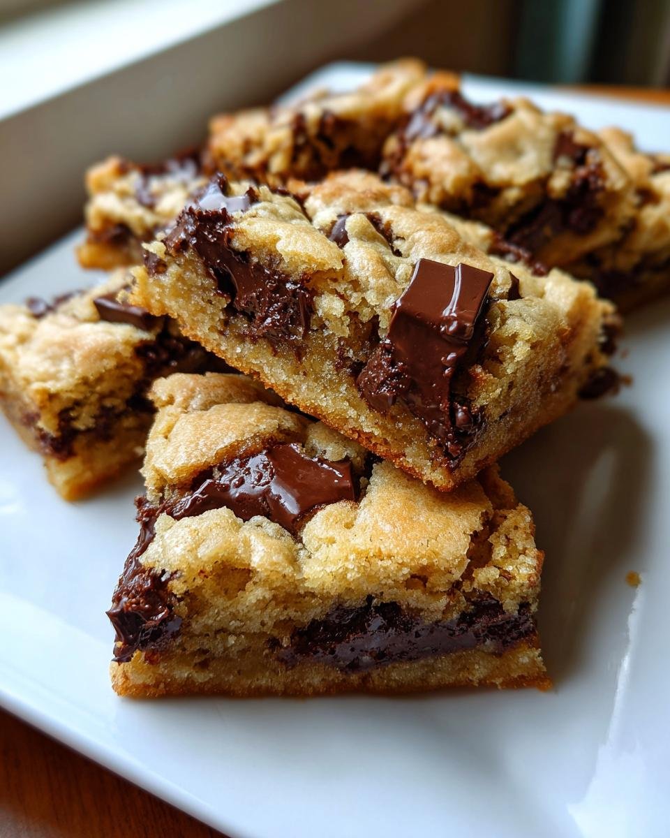 Close-up of thick, gooey Sheet Pan Chocolate Chip Cookies cut into bars, showing melted chocolate chunks.
