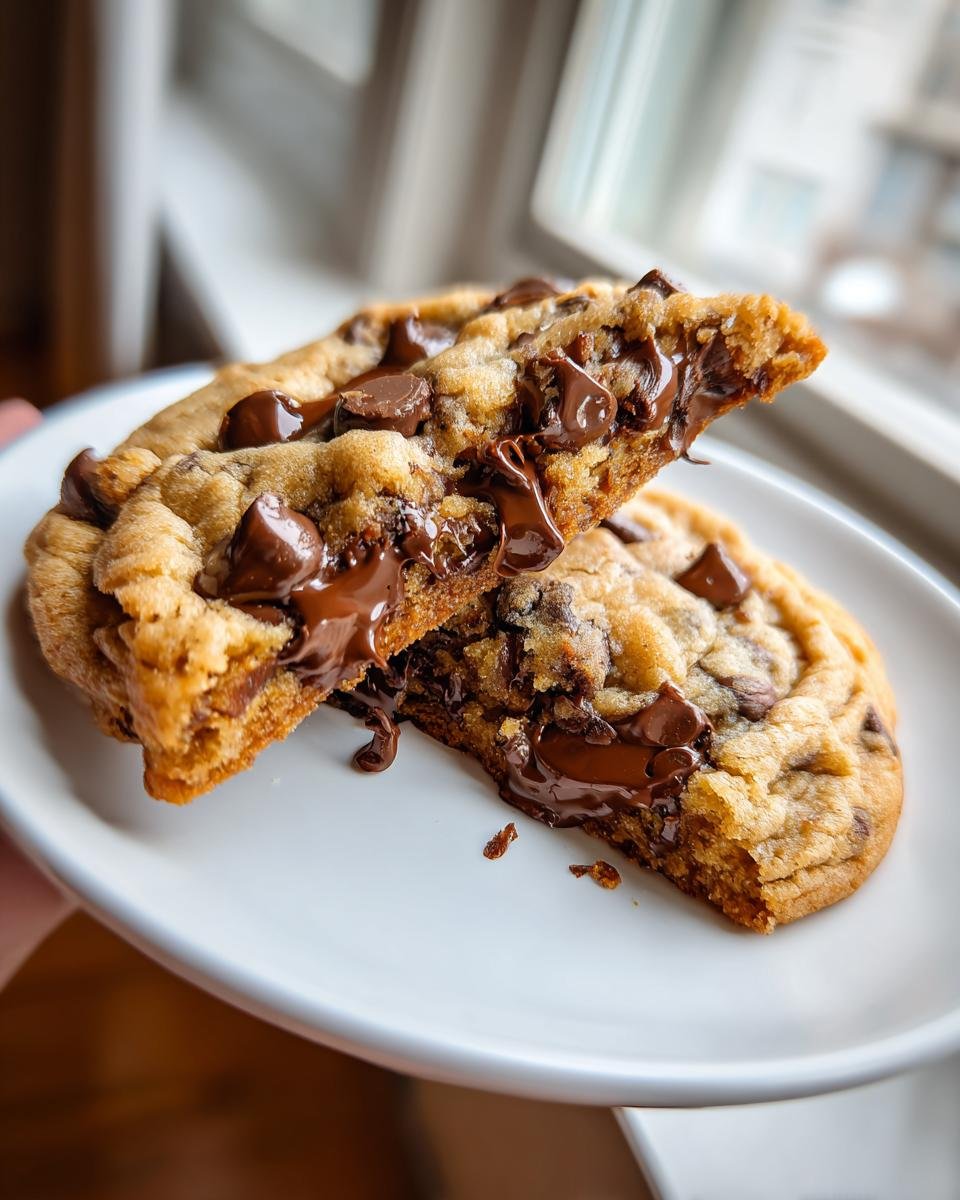 A close-up of a Sheet Pan Chocolate Chip Cookie broken in half, showing gooey, melted chocolate chips.