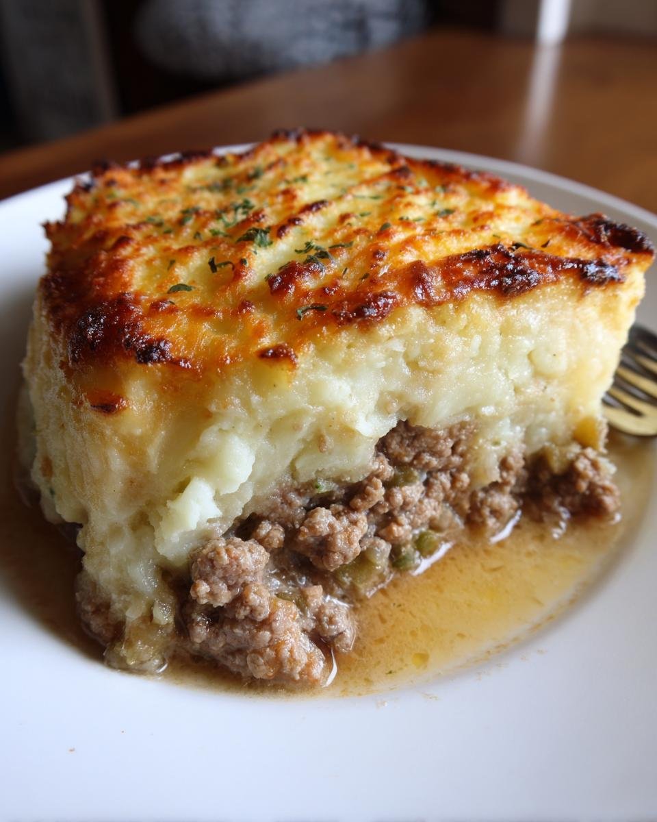A close-up serving of Shepherds Pie showing a thick layer of browned mashed potato topping over savory ground meat filling.