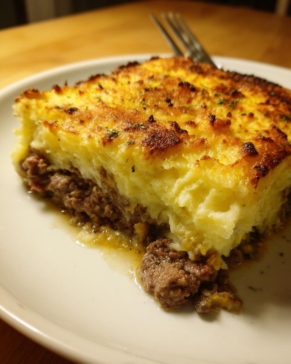 A close-up of a hearty slice of Shepherds Pie with a golden, browned mashed potato topping over rich meat filling.