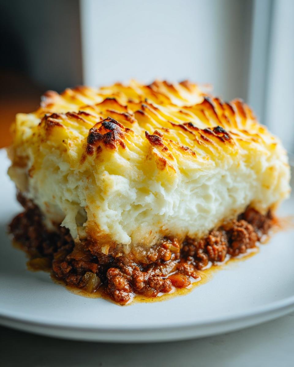 A close-up, cross-section view of a hearty slice of Shepherds Pie showing rich meat filling and a golden, fork-ridged mashed potato topping.