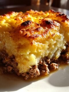 Close-up of a hearty slice of Shepherds Pie showing rich meat filling and a golden, crispy mashed potato topping.