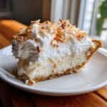 A generous slice of Coconut Cream Pie featuring a thick layer of creamy filling and whipped topping sprinkled with toasted coconut flakes.