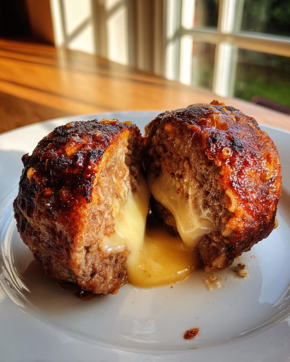 Close-up of a Smoked Stuffed Meatball cut in half, revealing a gooey, melted cheese center oozing onto a white plate.
