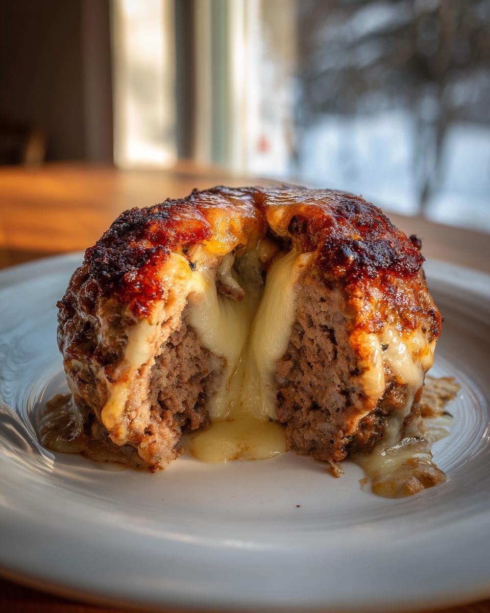 Cross-section of a Smoked Stuffed Meatball revealing a melted, gooey cheese center.
