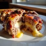 Close-up of Smoked Stuffed Meatballs cut open, revealing gooey, melted cheese oozing out.