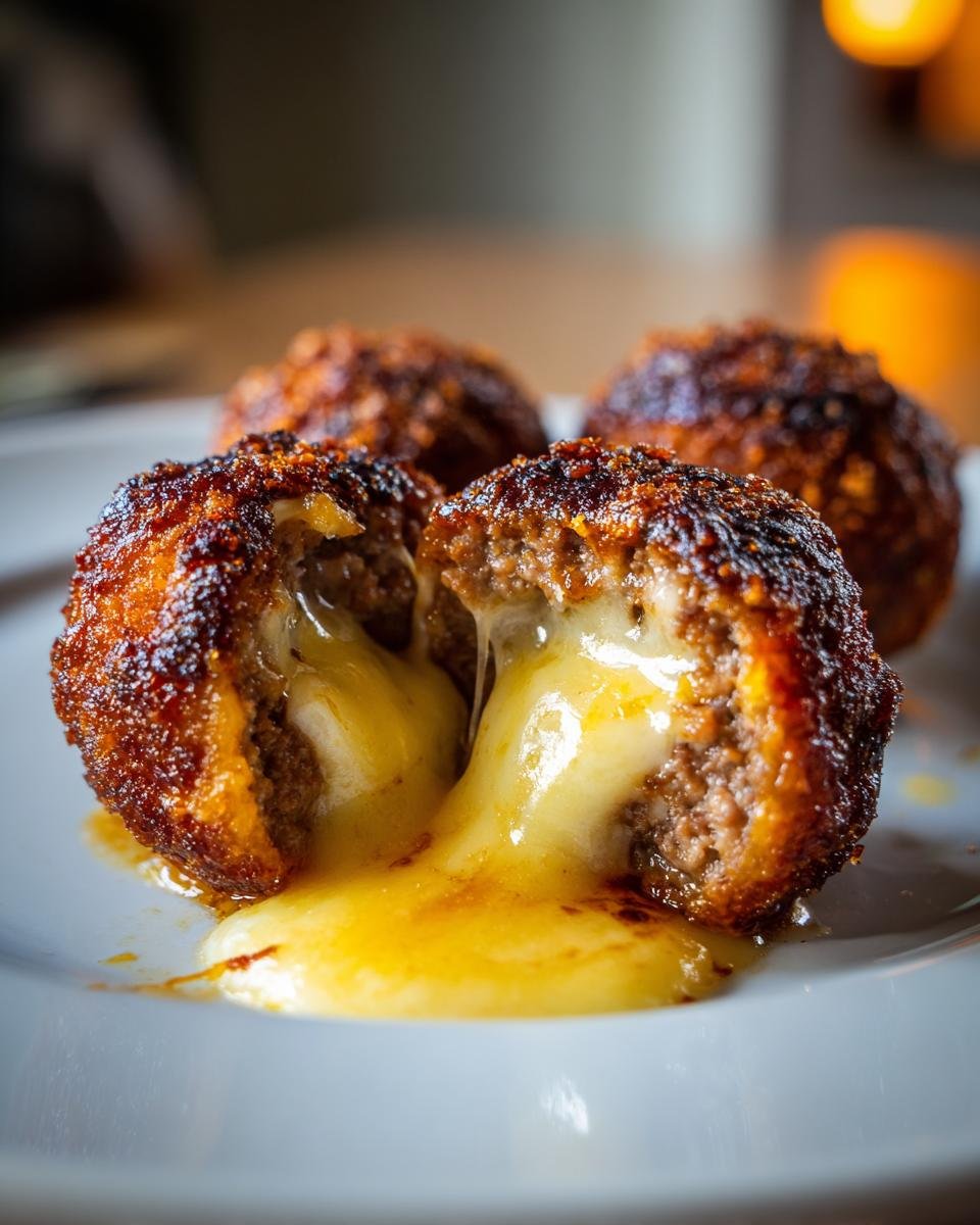 Close-up of Smoked Stuffed Meatballs cut open, revealing gooey melted cheese oozing out onto a white plate.