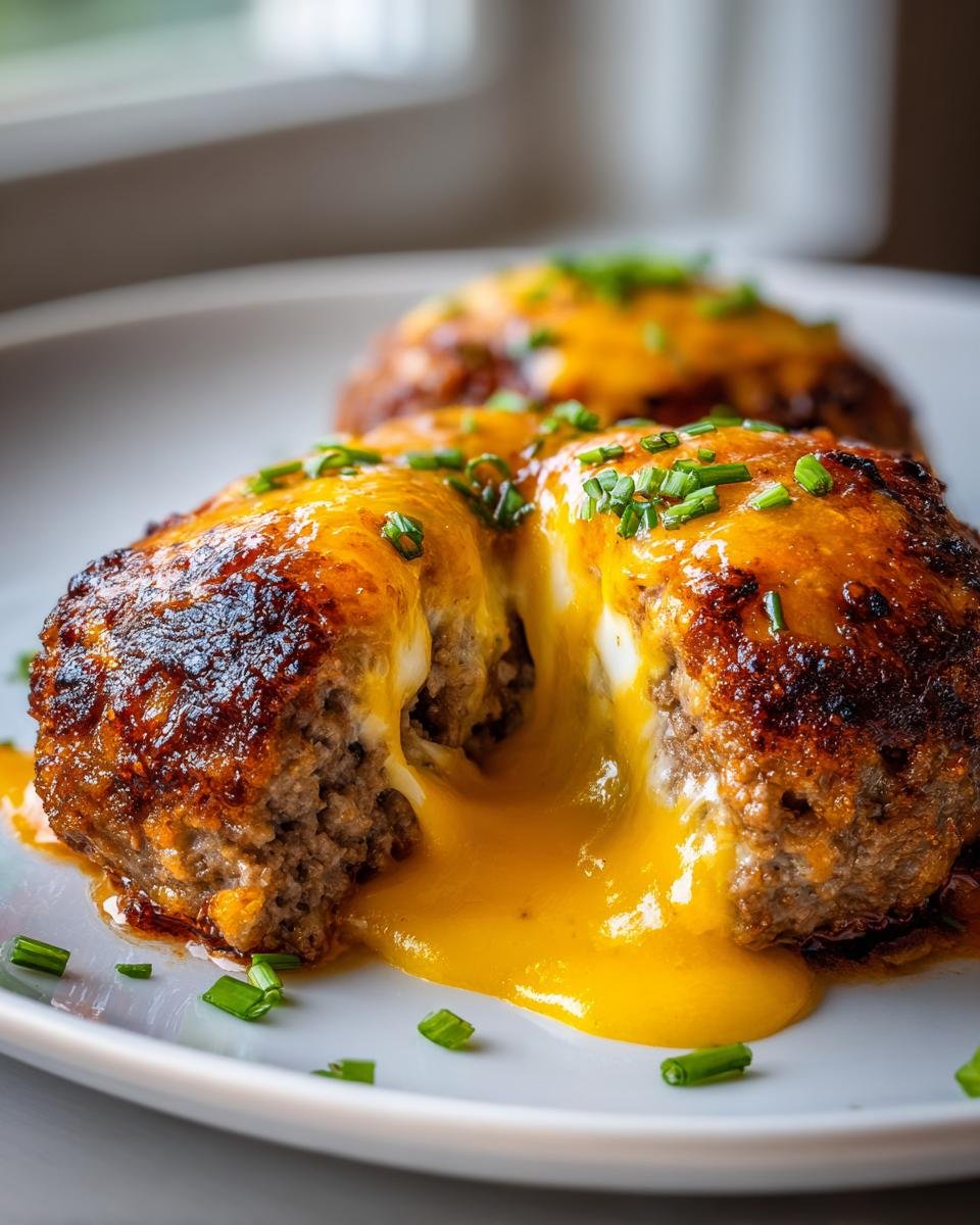 Close-up of Smoked Stuffed Meatballs cut open, revealing a molten cheese center oozing onto a white plate, topped with chives.