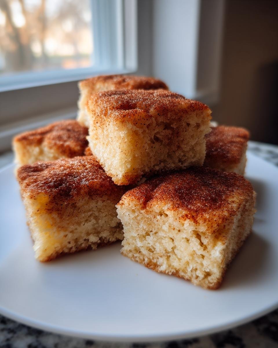 A stack of soft, square Snickerdoodle Bars topped generously with cinnamon sugar, served on a white plate.