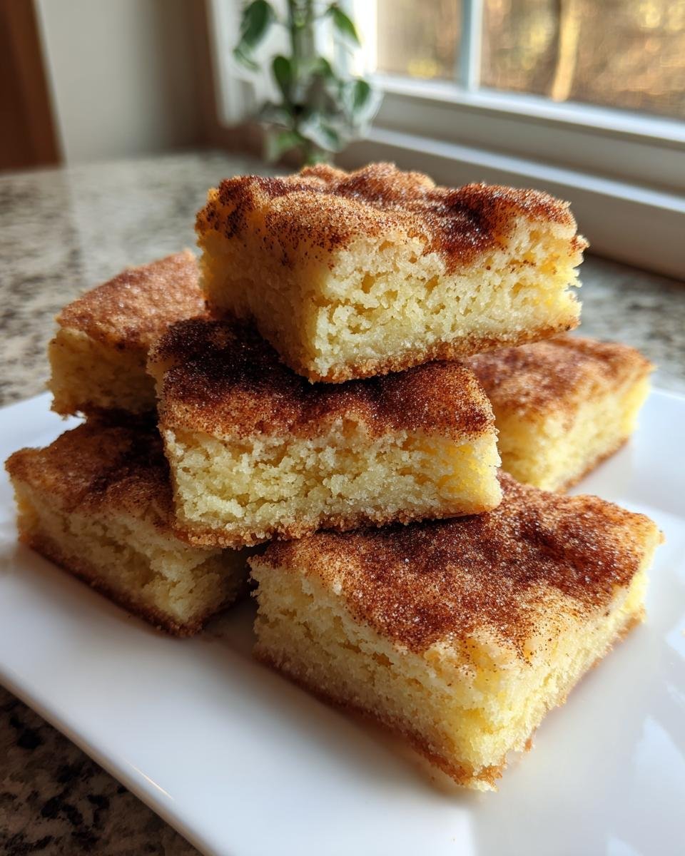 A stack of five square Snickerdoodle Bars topped with a thick layer of cinnamon sugar on a white plate.