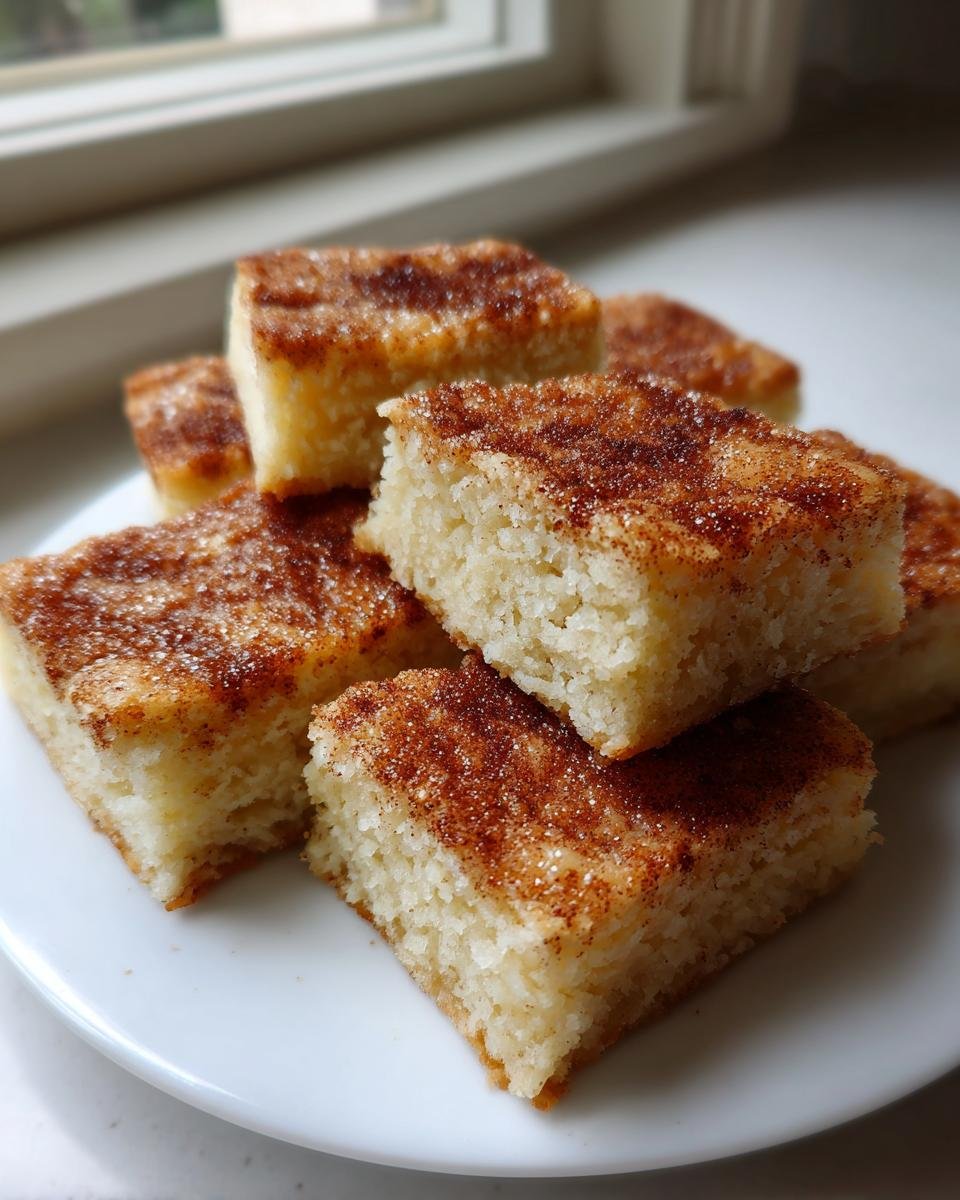A stack of moist, square Snickerdoodle Bars topped generously with cinnamon sugar, resting on a white plate.
