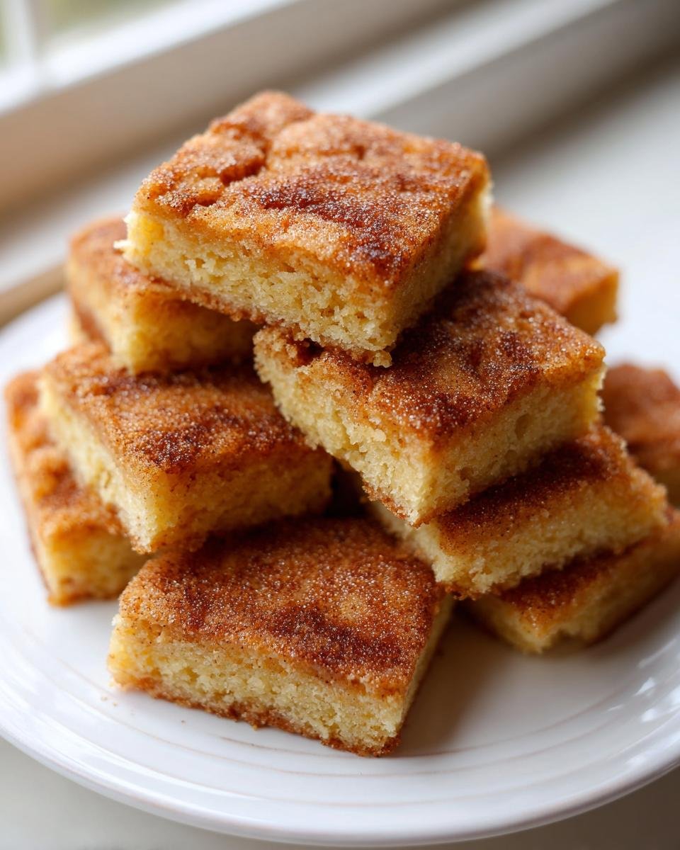 A stack of golden, square Snickerdoodle Bars topped with cinnamon sugar, resting on a white plate.