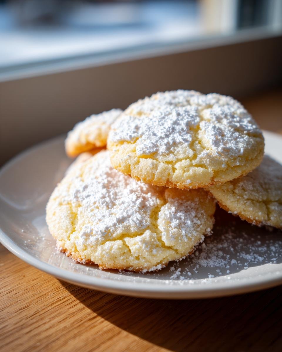 A stack of soft Amish Buttermilk Cookies generously dusted with white powdered sugar on a small plate.