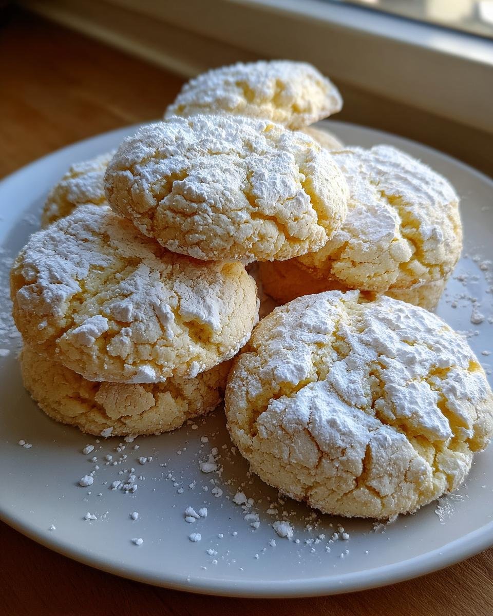 A stack of soft, crinkled Amish Buttermilk Cookies heavily dusted with white powdered sugar on a light plate.