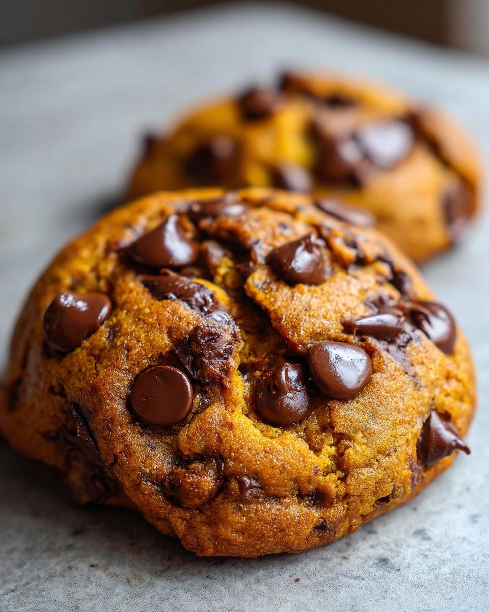 A close-up, macro shot of a freshly baked, soft Pumpkin Chocolate Chip Cookie loaded with melted chocolate chips.
