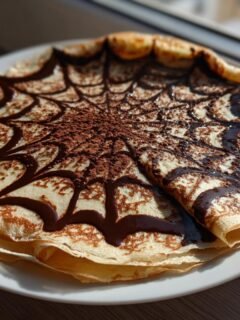 A stack of thin crepes decorated with a dark chocolate spiderweb pattern and cocoa powder, making beautiful Spiderweb Crepes.
