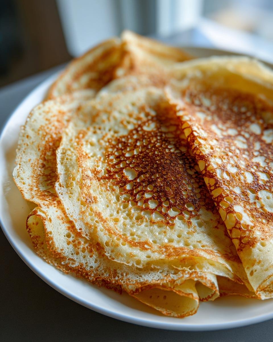 Close-up of thin, golden Spiderweb Crepes stacked on a white plate, showing intricate lacy holes.