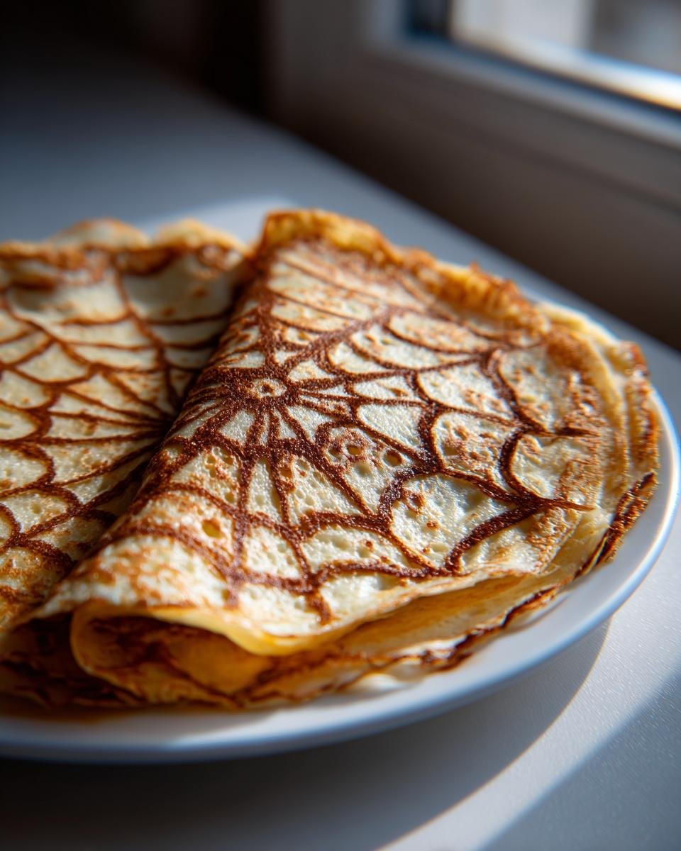 Close-up of two folded Spiderweb Crepes featuring intricate brown, lacy patterns on a white plate.