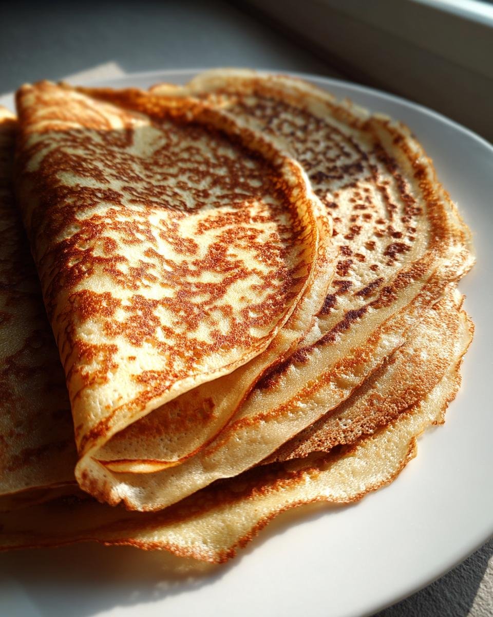 Close-up of a stack of golden brown Spiderweb Crepes showing their lacy, patterned texture.