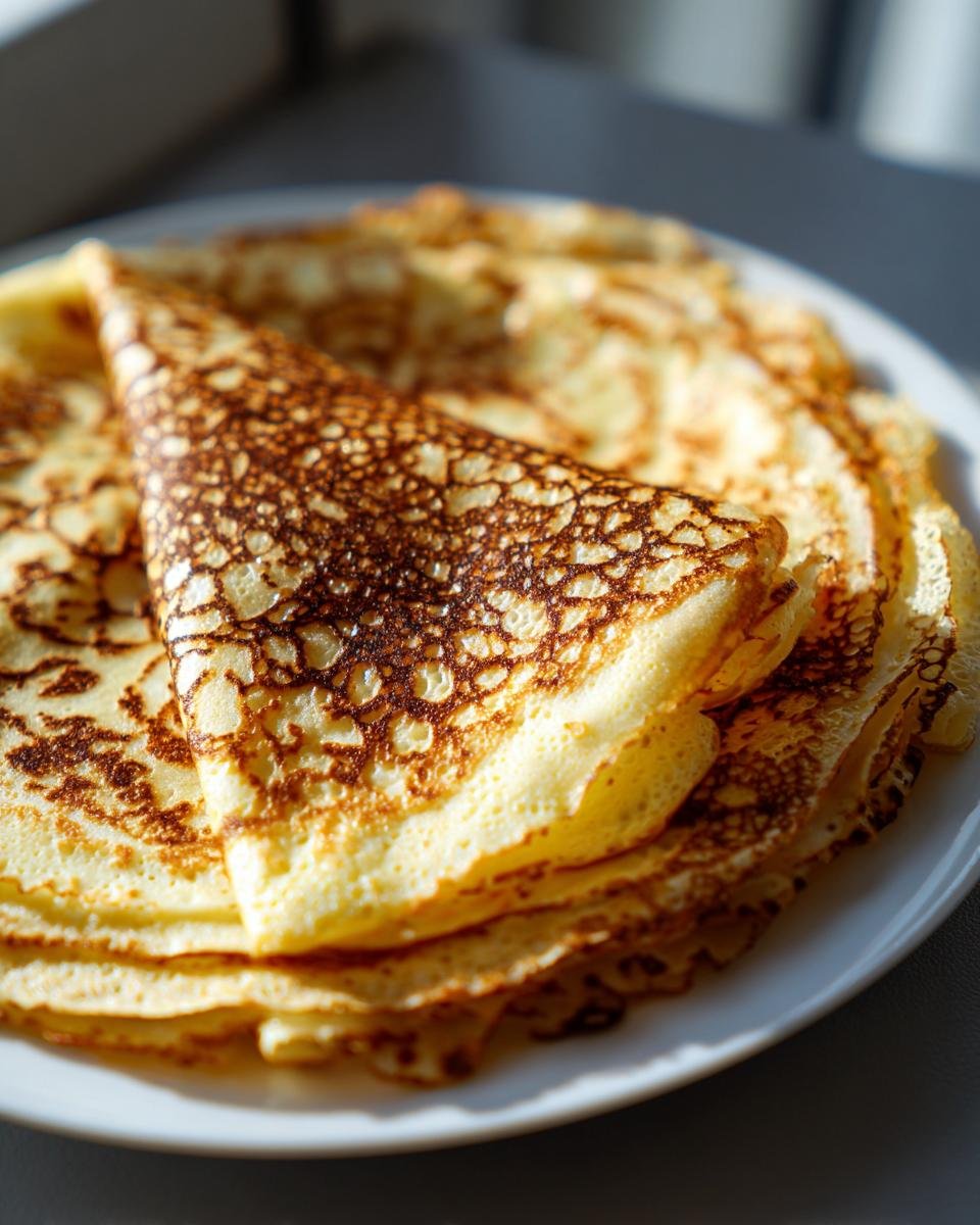 A stack of golden-brown Spiderweb Crepes, one folded into a triangle showing the delicate lacy pattern.