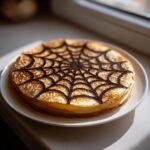 A stack of golden-brown Spiderweb Crepes featuring a detailed, dark brown spiderweb pattern on top, served on a white plate.
