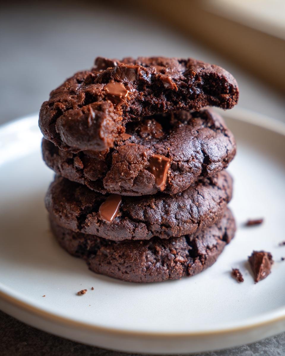 A close-up stack of three fudgy, dark chocolate Fudge Rounds cookies with visible chocolate chunks.