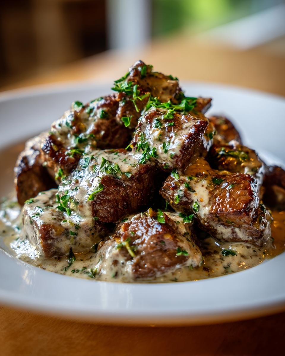 Close-up of perfectly seared Steak Bites With Parmesan Cream Sauce, garnished with fresh parsley.
