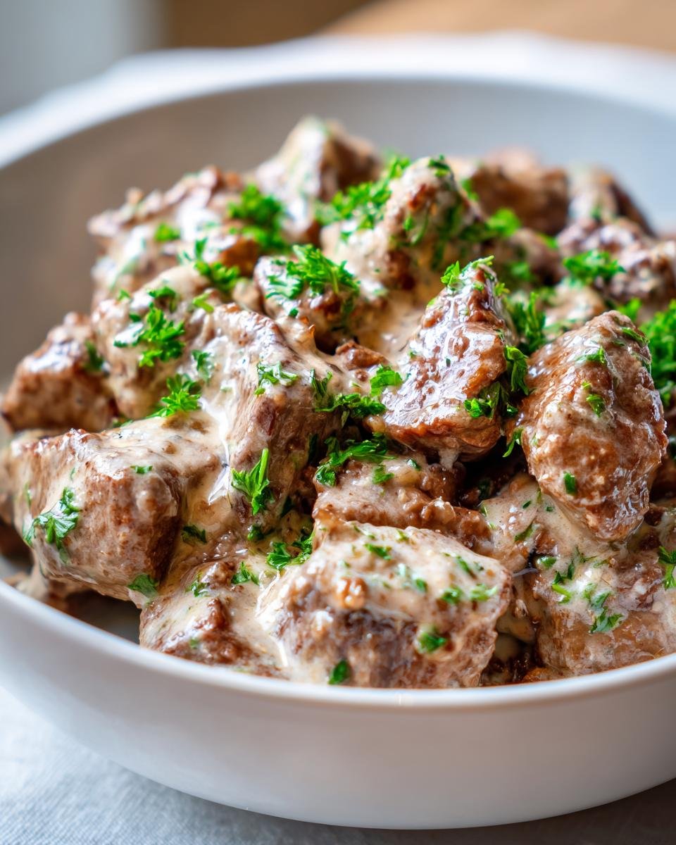 Close-up of tender steak bites generously coated in a creamy parmesan sauce and garnished with fresh parsley.