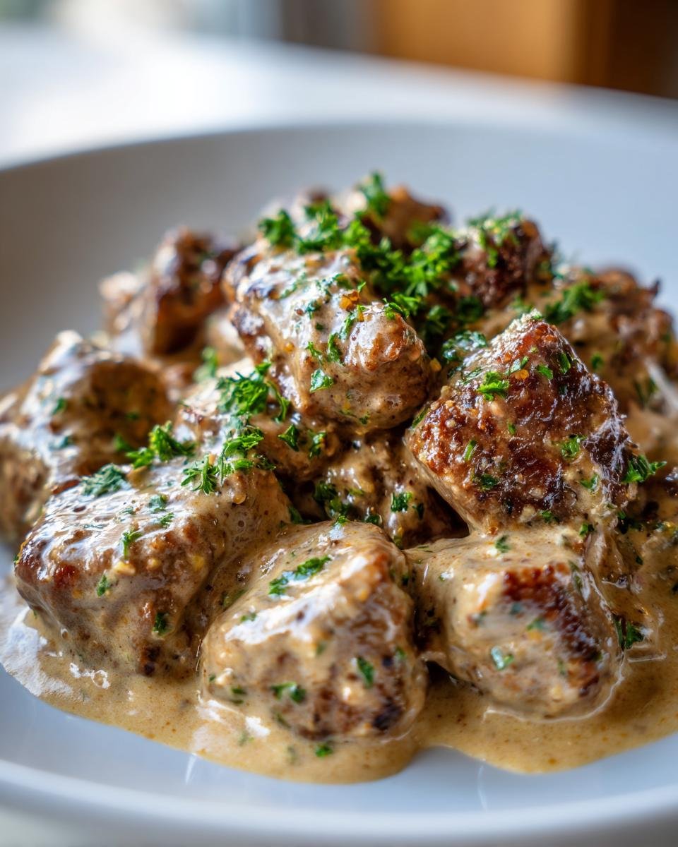 Close-up of seared Steak Bites With Parmesan Cream Sauce, garnished with fresh parsley.