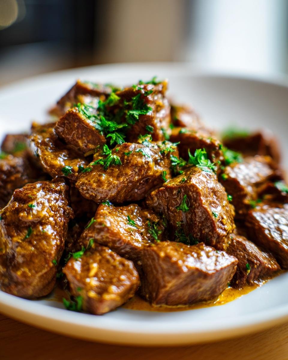 Close-up of tender Steak Bites With Parmesan Cream Sauce, garnished with fresh parsley on a white plate.