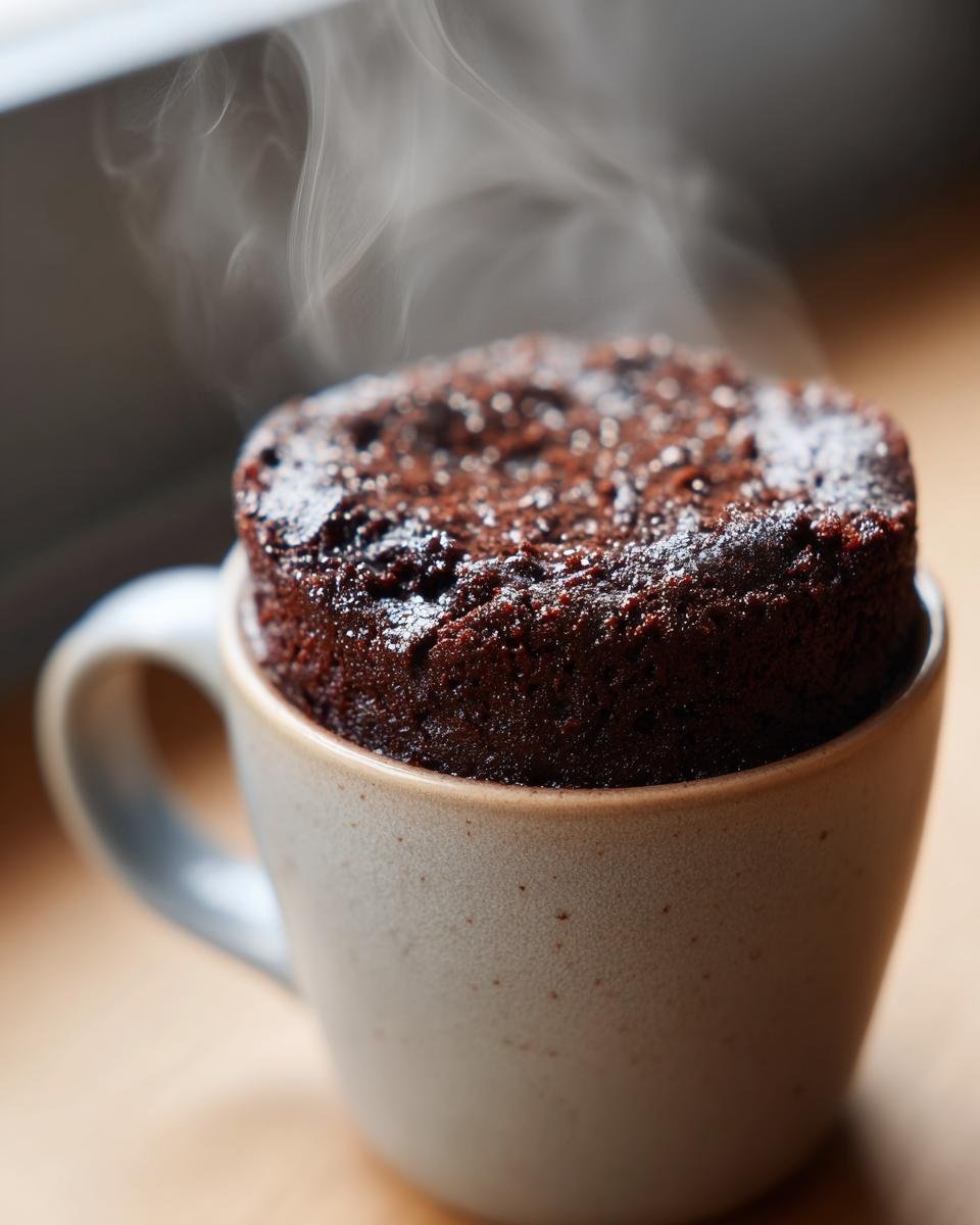Close-up of a rich, dark chocolate Brownie In A Mug overflowing from a ceramic cup, with steam rising.
