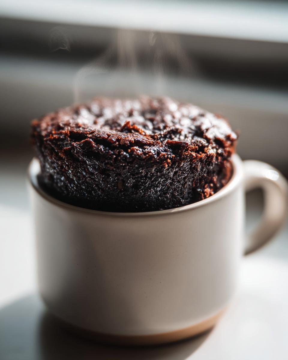 Close-up of a rich, dark chocolate Brownie In A Mug steaming right out of the microwave.