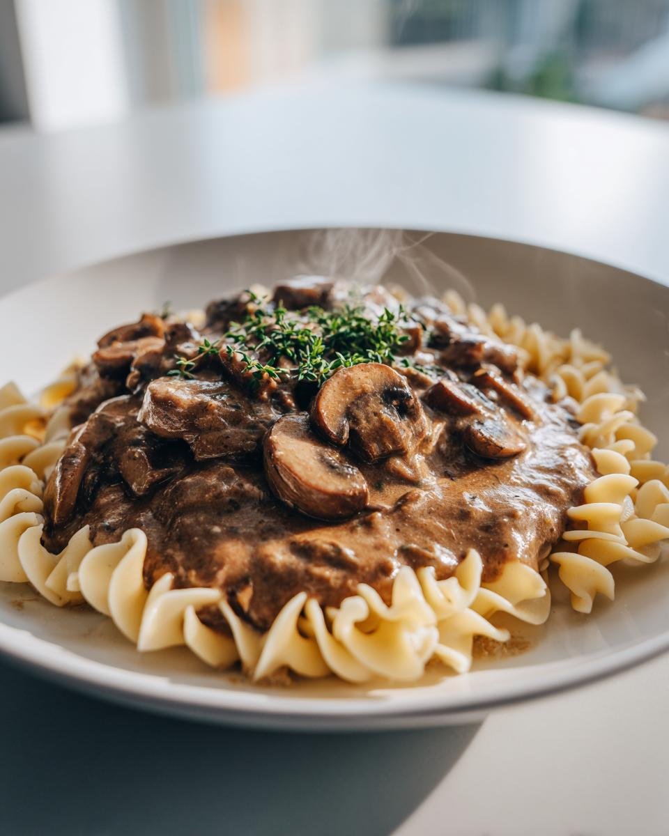 Close-up of hot Mushroom Stroganoff with creamy sauce and sliced mushrooms served over egg noodles, garnished with thyme.