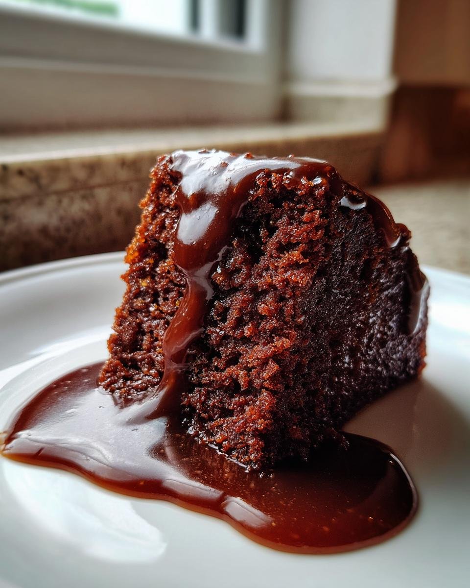 A close-up of a rich, dark slice of Sticky Toffee Pudding generously covered in warm toffee sauce.