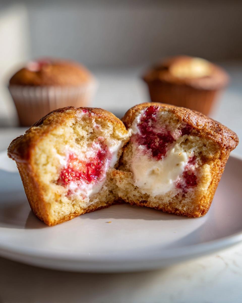 Close-up of a Strawberry Cream Cheese Muffins cut in half showing the creamy filling and bright red strawberry pieces inside.