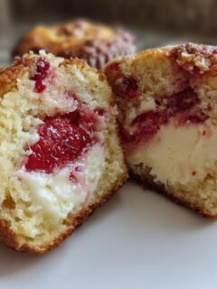 A Strawberry Cream Cheese Muffins cut in half showing the moist cake, cream cheese center, and whole strawberry filling.