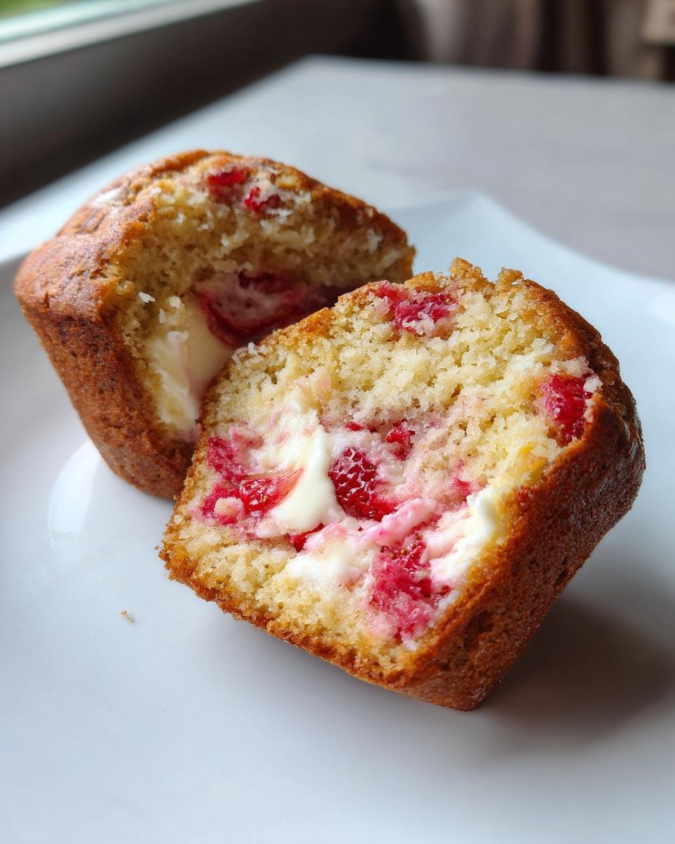 A Strawberry Cream Cheese Muffin cut in half showing the moist cake, bright red strawberries, and creamy white filling.
