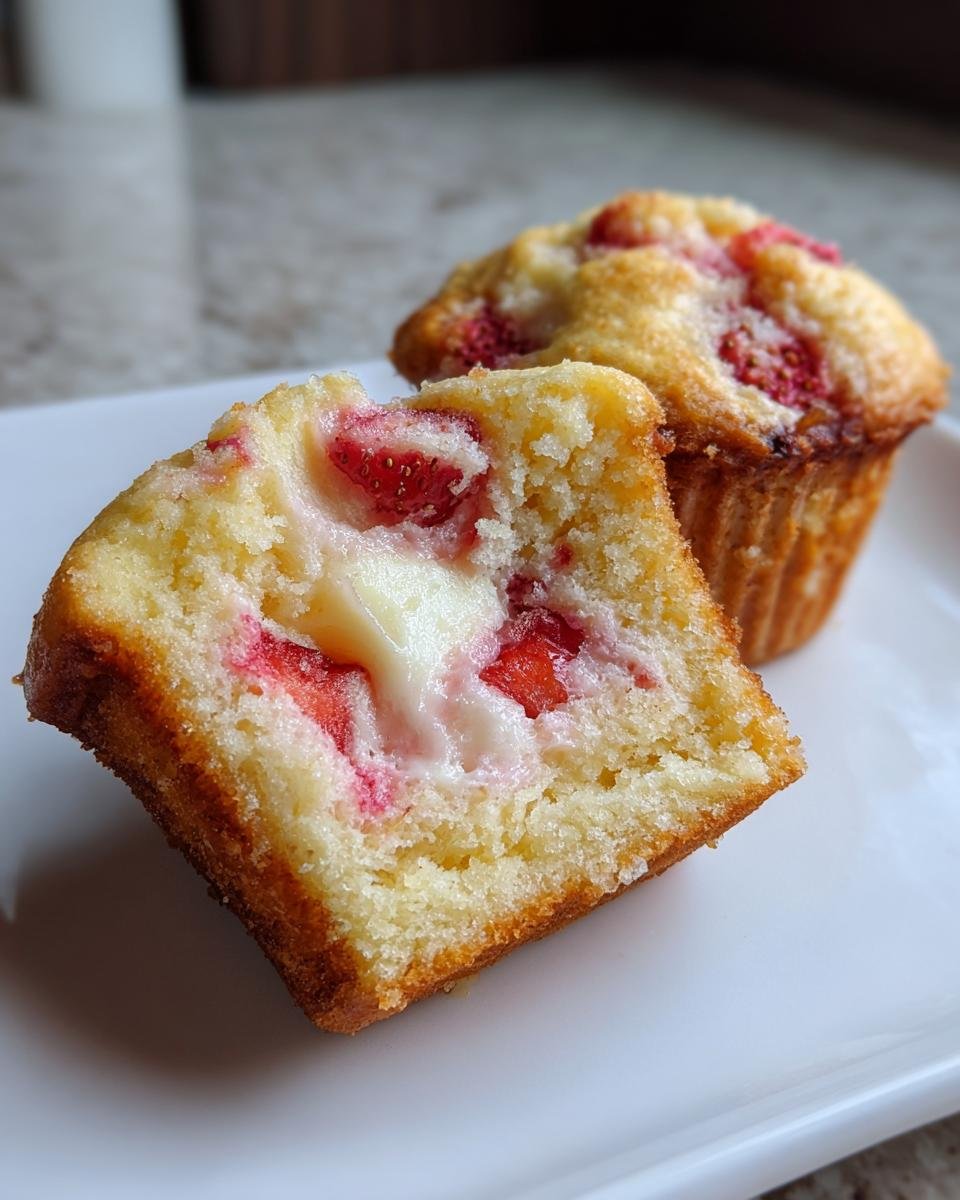 Close-up of a Strawberry Cream Cheese Muffin cut in half showing the moist crumb and cream cheese filling.