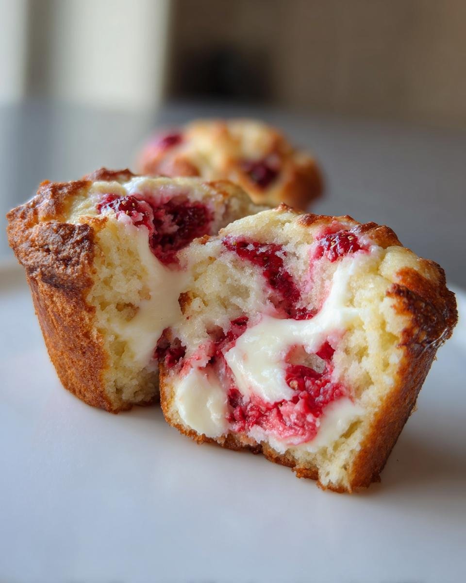 Close-up of a Strawberry Cream Cheese Muffin cut in half showing the creamy filling and bright red fruit.