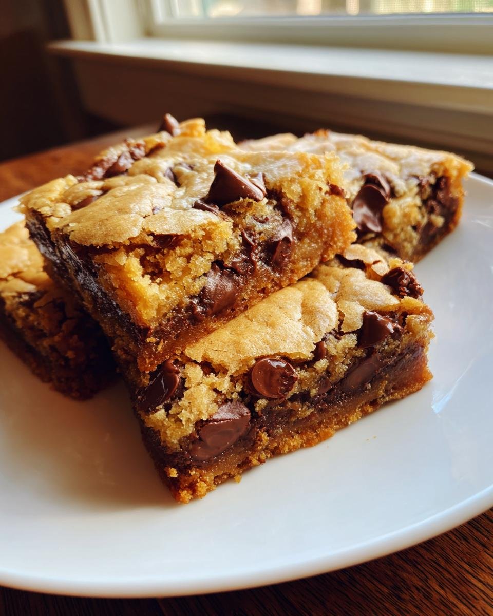 Close-up of thick, gooey Sheet Pan Chocolate Chip Cookies cut into bars, stacked on a white plate.