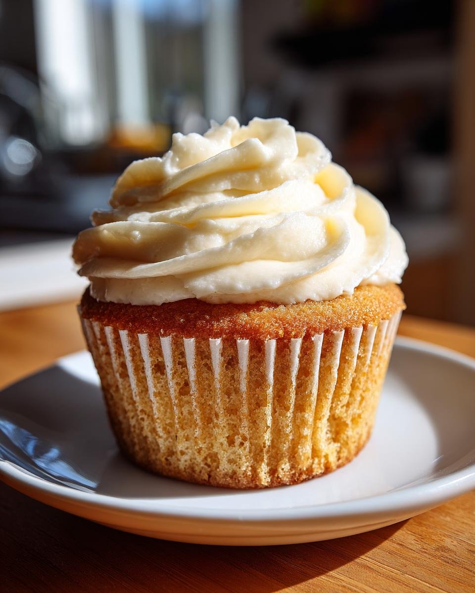 A single, golden Keto Cupcakes topped with a generous swirl of creamy white frosting, sitting on a small white plate.