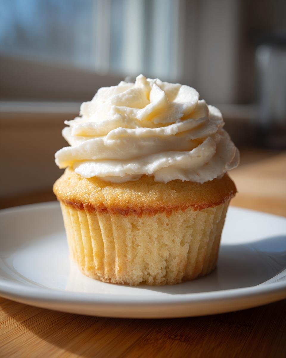 Close-up of a single vanilla Keto Cupcakes topped with a swirl of white cream cheese frosting.
